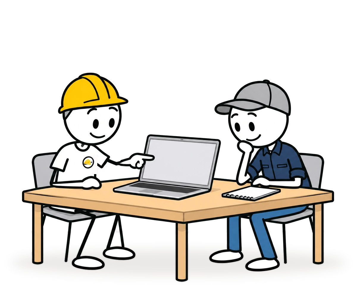 A stick figure consultant in a yellow hard hat points at a laptop and teaches a contractor how to use AI.