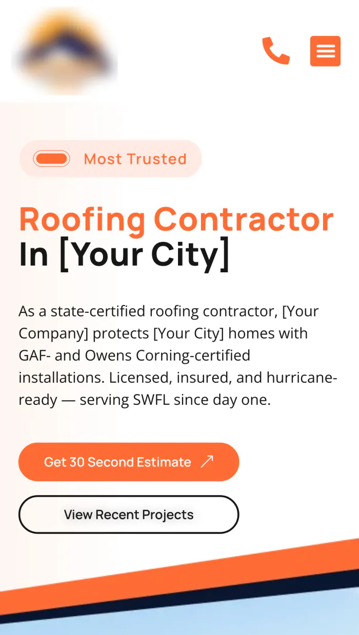 After: the same roofing client site on a phone
